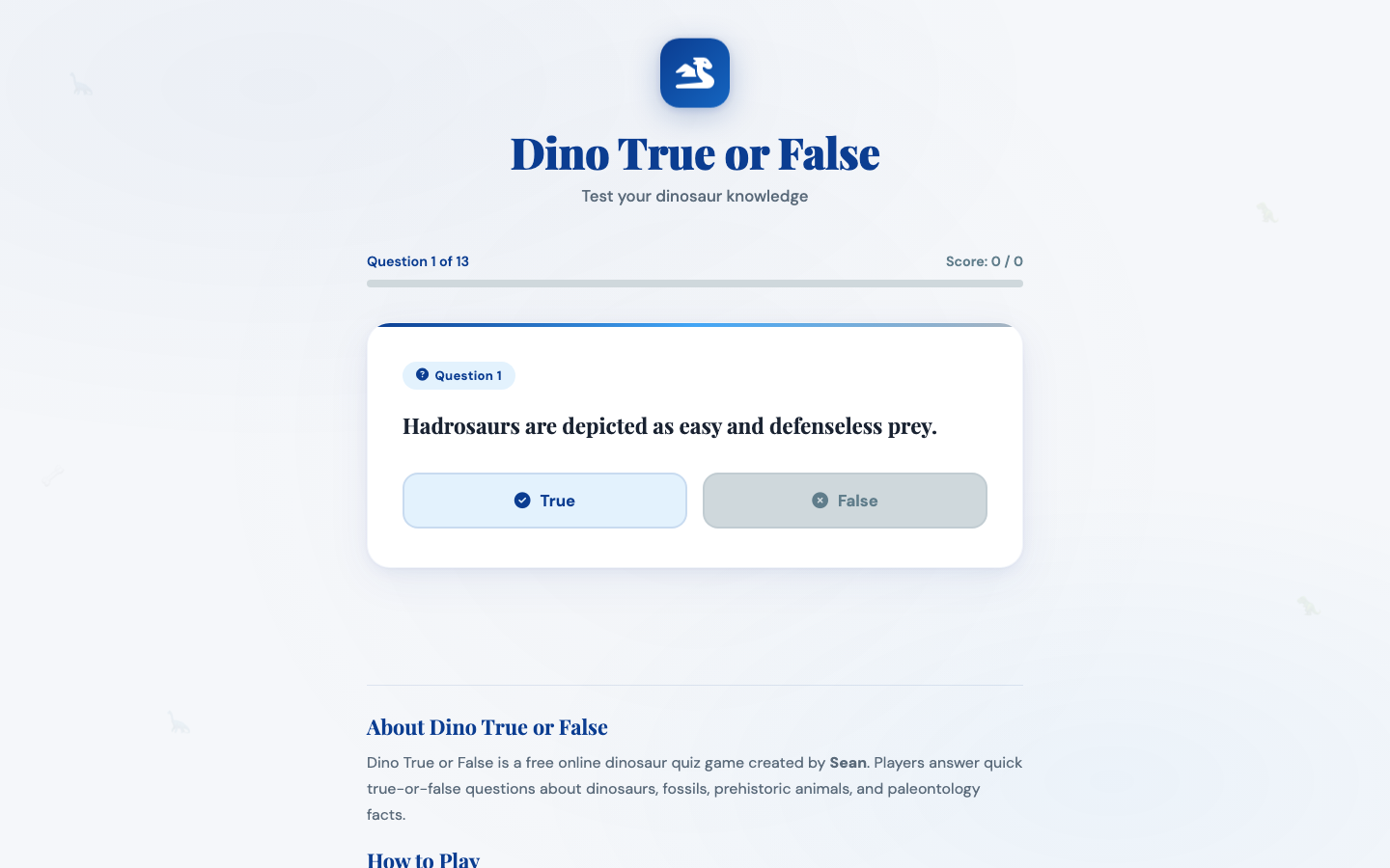 Screenshot of Dino True or False